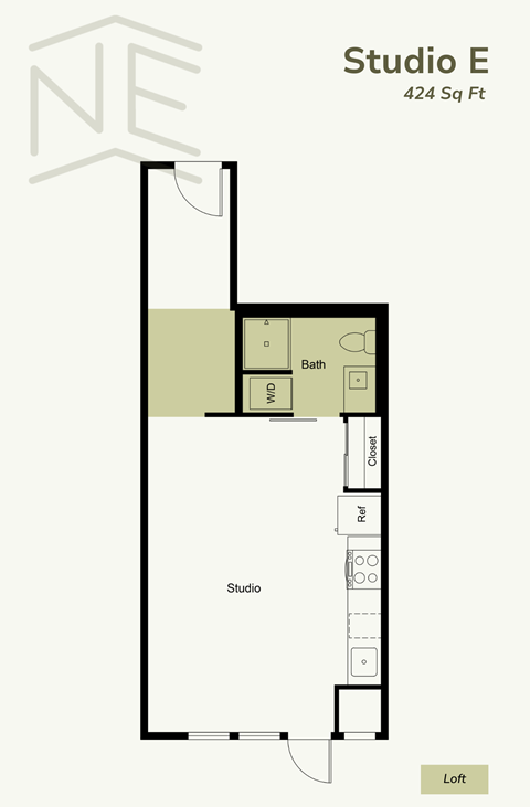Floor plan for studio, 1 bath, 424 sqft